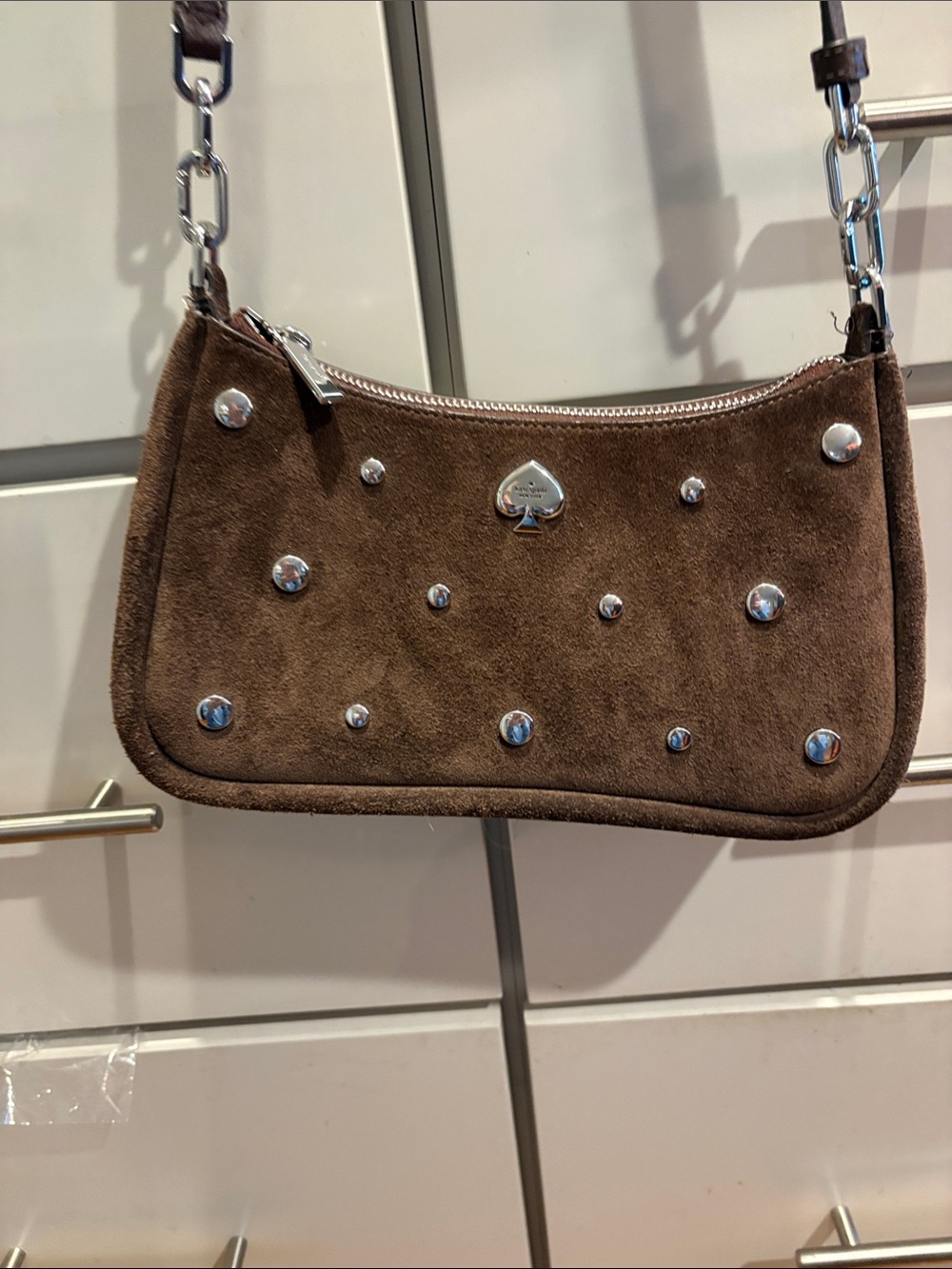 kate spade brown suede mini shoulder bag with silver-tone studs